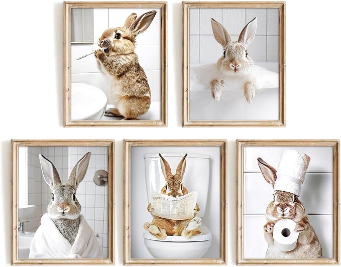 Vodefoad Funny Bunny Bathroom Wall Art 5pcs Bundle Easter Rabbit Posters Animal by VodefoadVintageWallArt