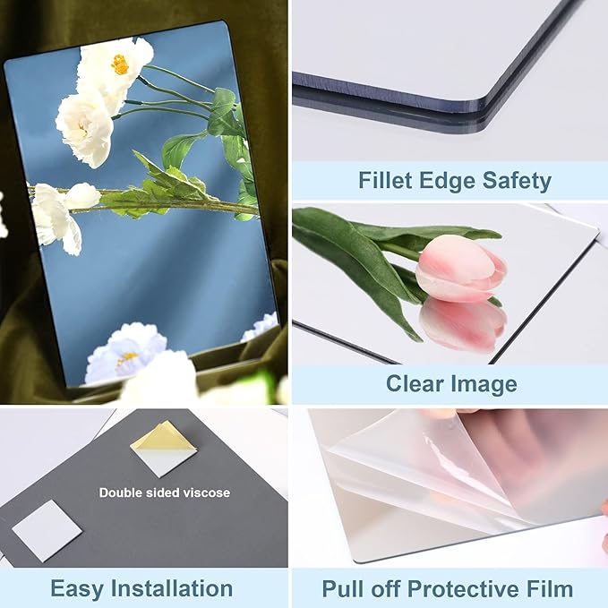 JUNEBRUSHS 8 Pack Self Adhesive Acrylic Mirror, 6X 9 Inch Mirror Tiles - Image 3