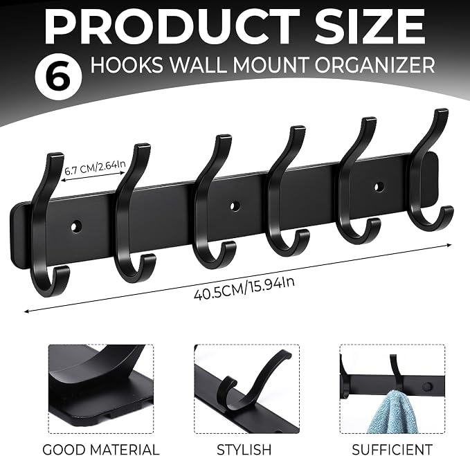 Dntorx Coat Rack Wall Mount, 1 Pack Coat Hooks Hanger Wall Double Hook Rack - Image 2