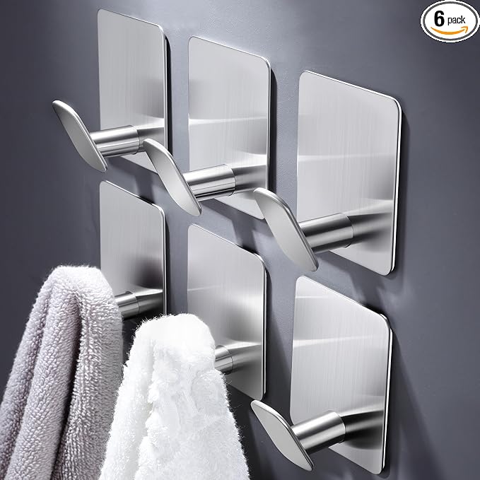 DELITON Sticky Hooks for Hanging Adhesive, Brushed Nickel, 6 Pack by DELITON