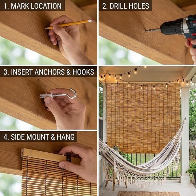 Outdoor Bamboo Roller Blinds 72 84 108 64 48 36" W, Natural Reed Patio Shades - Image 7