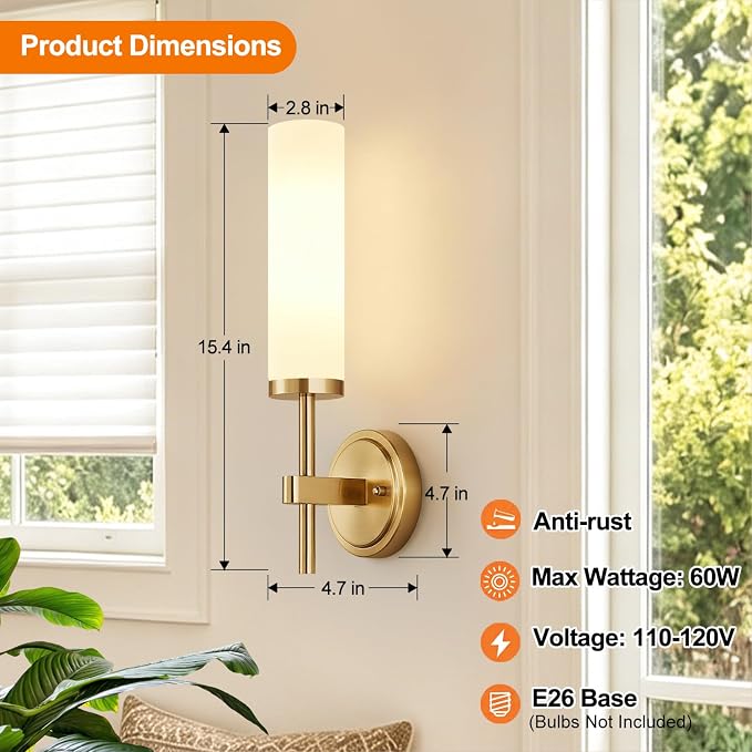 Wall Sconces Set of Two, Brushed Gold Bathroom Sconces - Image 7