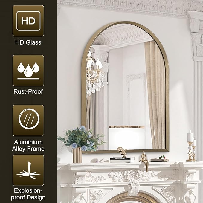 Bathroom Arched Wall Mirror Brushed Metal Vanity Wall Mounted Mirror - Image 6