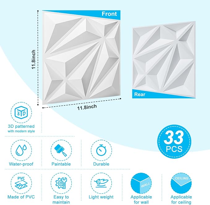 Art3d 33-Pack 3D Wall Panel for Interior Wall Décor, Diamond Textured PVC - Image 5