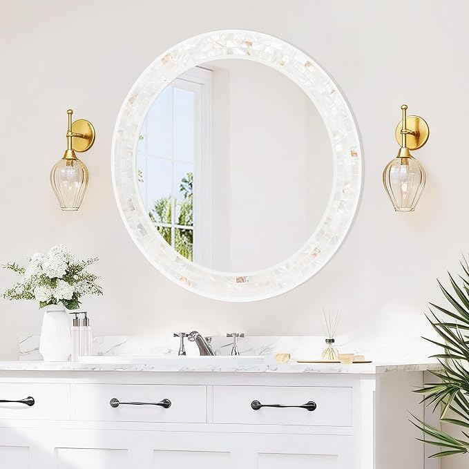 Mosaic Mirrors for Wall 24 Inch, Natural Mother of Pearl Inlay White Framed - Image 2