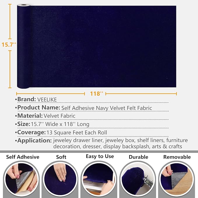 VEELIKE Dark Blue Velvet Fabric Wallpaper Peel and Stick Soft Felt Drawer - Image 6