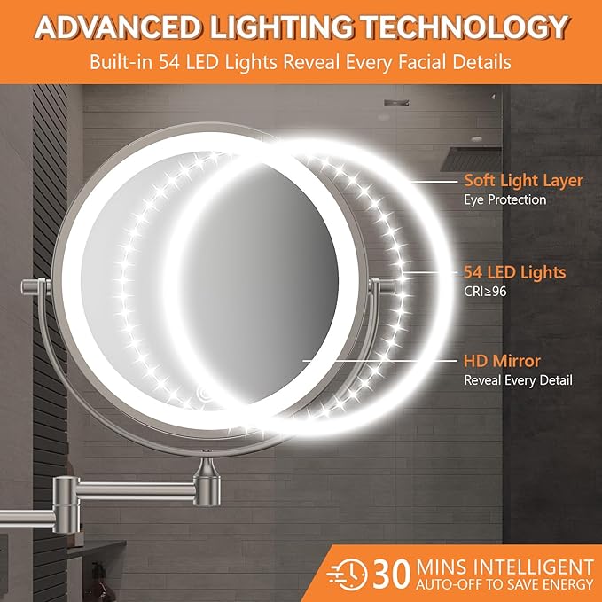 Auxmir 8'' Wall Mounted Lighted Makeup Mirror, 3200mAh Rechargeable - Image 4