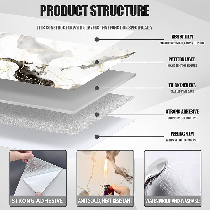 10pcs Peel and Stick Tile Shower Waterproof Marble Tiles Wall Panels, - Image 4