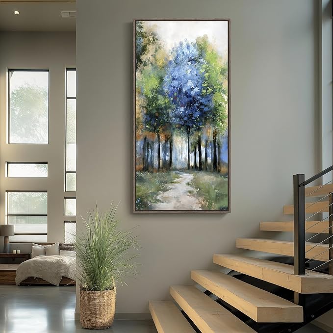 Framed Vertical Colorful Forest Living Room Wall Art, Large Tree & Path Picture - Image 4