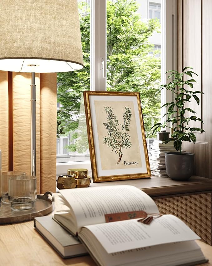InSimSea Gold Bamboo Framed Canvas Wall Art, Retro Herbs Rosemary Botanical - Image 2