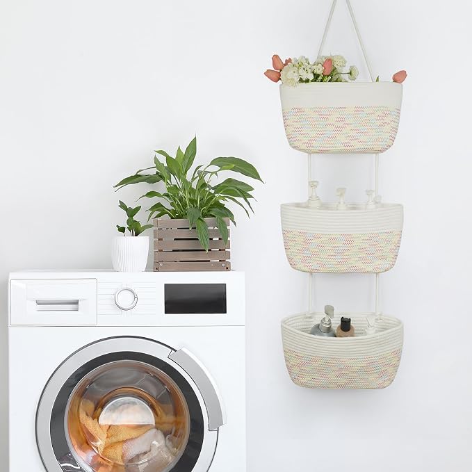 TeoKJ Over the Door Hanging Basket, 3-Tier Woven Cotton Wall-Mounted Storage - Image 7