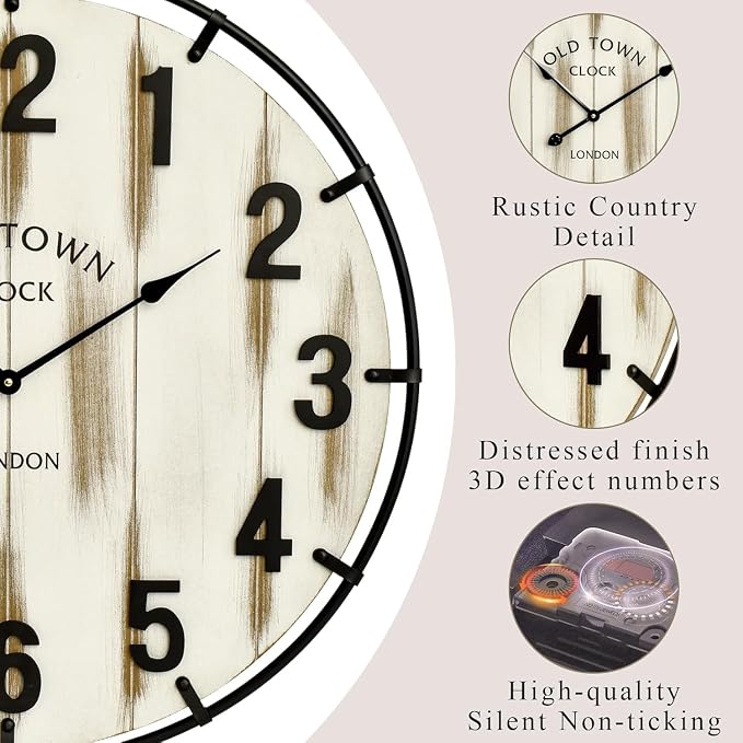 EMAX HOME Farmhouse White 30 Inch Wooden Large Wall Clock, Silent Non-Ticking - Image 4