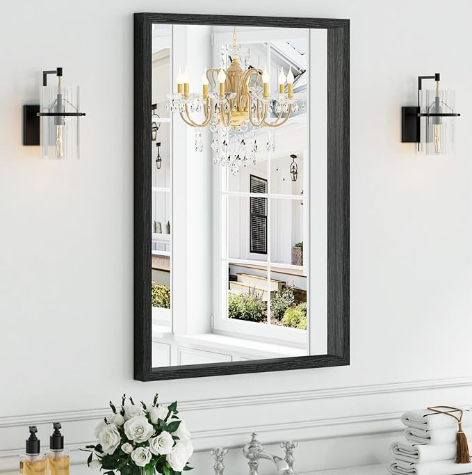 Syndra Black Wood Frame Bathroom Mirror, Waterproof Slim Deep Frame, by Syndra