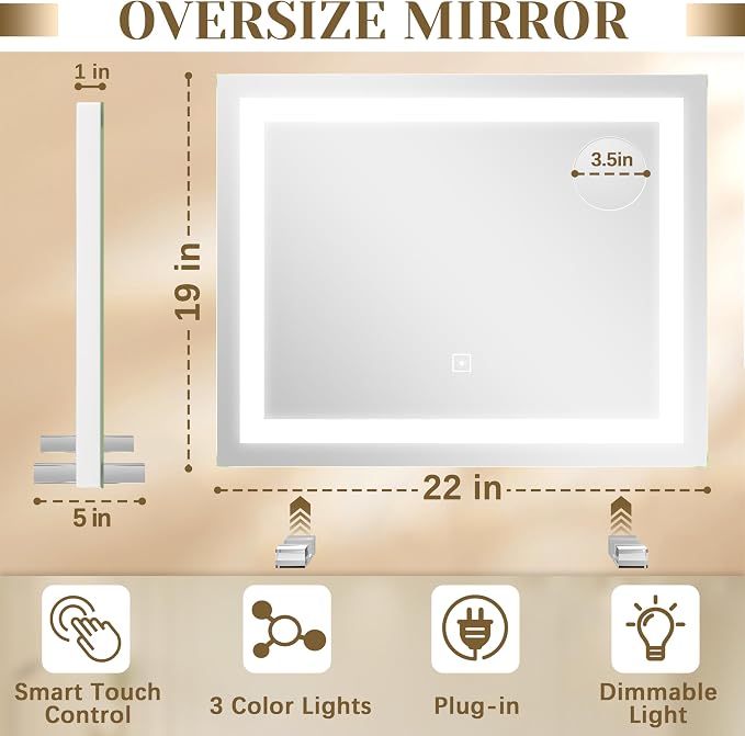 ROLOVE 22x20 Inch Lighted Vanity Mirror, 3-Mode Touch Dimming LED Lighting - Image 2
