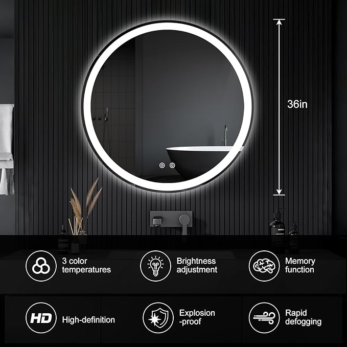 DUMOS 36 Inch Round LED Bathroom Mirror - Image 3
