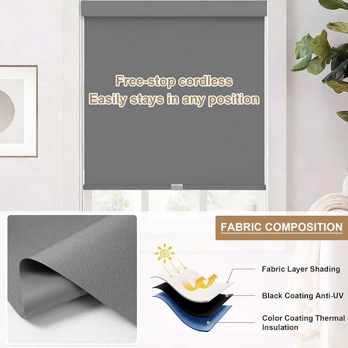 SUNOFF No Drill Tools Cordless Blackout Roller Shades Blinds - Image 6