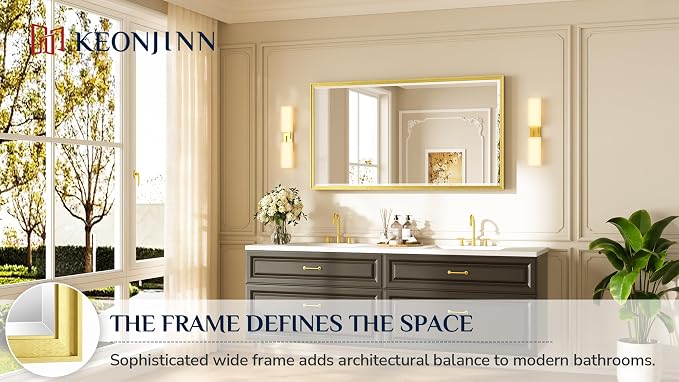 Keonjinn 55" x 30" Gold Bathroom Mirror, Brushed Gold Metal Framed Mirrors - Image 7