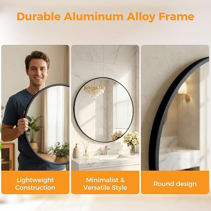 OLIXIS 20 Inch Black Round Bathroom Wall Mirror, Round Bathroom Mirrors - Image 3