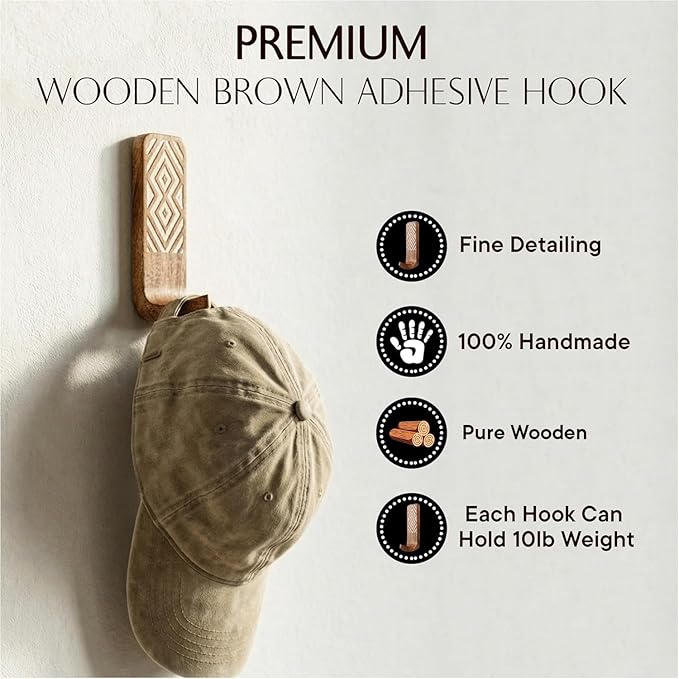 Indian Shelf 10 LB Decorative Wood Adhesive Wall Hooks–Boho Peel and Stick Hooks - Image 3