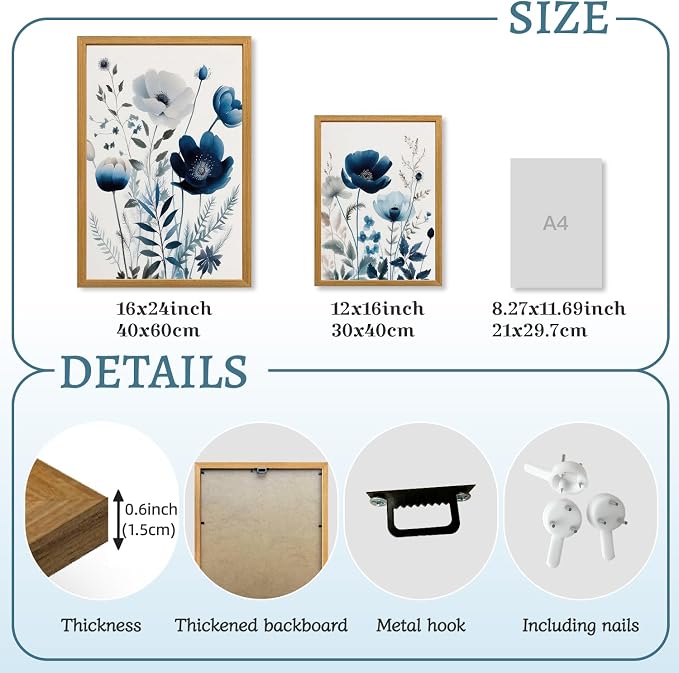 LLEEMPI Navy Blue Floral Wall Art Set of 3, Modern Wildflower Wall Decor - Image 7