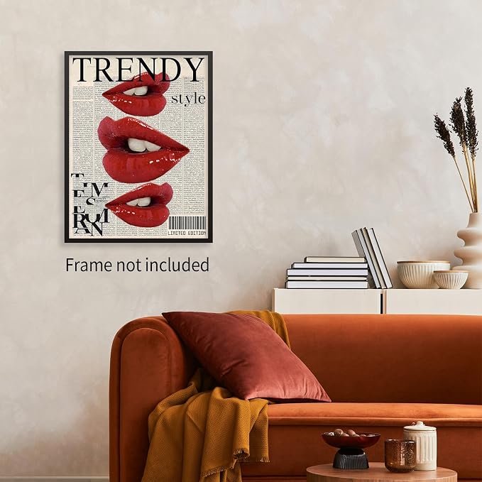 jkahh Trendy Y2k Newspaper Wall Art Vintage Red Lips Kiss Prints Poster Fashion - Image 3