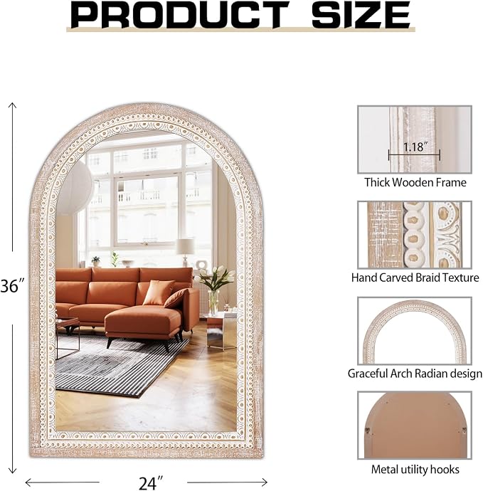 36x24 Inch Rustic Farmhouse Arched Wall Mirror, Boho Distressed Wooden Frame - Image 8