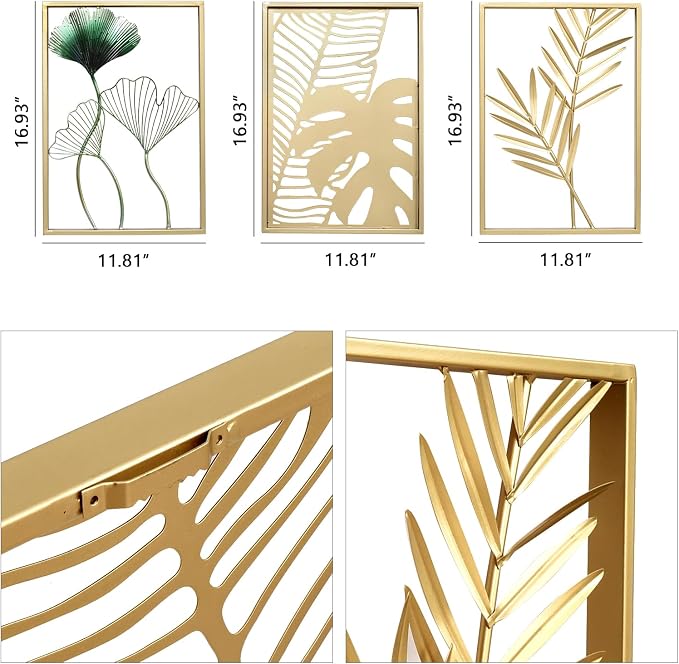 SwallowLiving Gold Wall Decor, 3 Pieces Metal Wall Art - Image 2