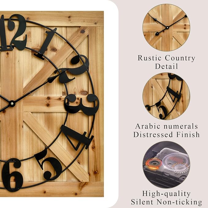 EMAX HOME Large Farmhouse Wall Clock – 24 Inch Brown Square Rustic Wooden Clock - Image 4