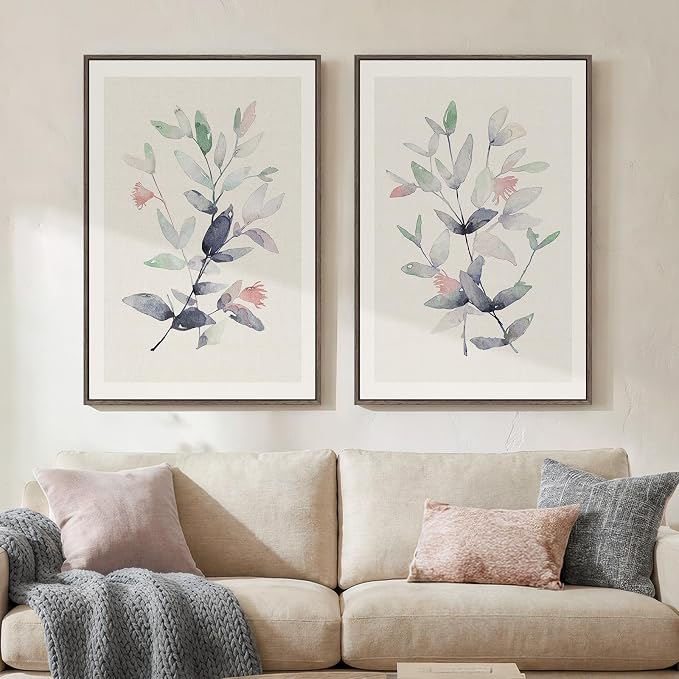 Large Framed Botanical Wall Art Set of 2, Modern Minimalist Floral Canvas Wall by Cuspin