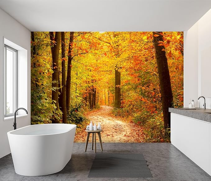 -Autumn Gold Forest Jungle Tree Fabric Wallpaper Living Room Bedroom Bathroom - Image 3