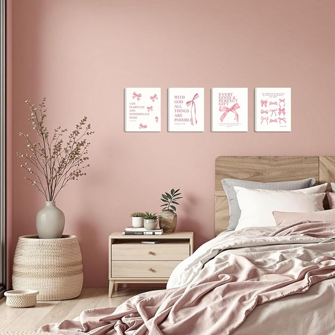 SEHSUVC Coquette Pink Bow Bible Verse Wall Art Set of 4, Christian Scripture - Image 4
