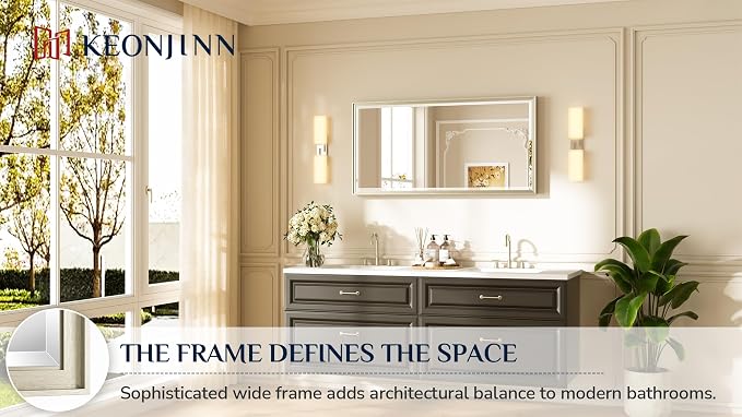 Keonjinn 48" x 24" Brushed Nickel Bathroom Mirror, Rectangle Silver Framed - Image 7