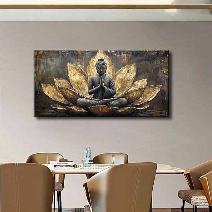Large Buddha Lotus Canvas Wall Art Abstract Gold and Grey Zen Buddhism Decor - Image 8