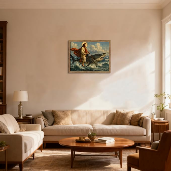 Framed Jesus Riding a Shark Wall Art, Humorous Christian Canvas Print, Fun - Image 8