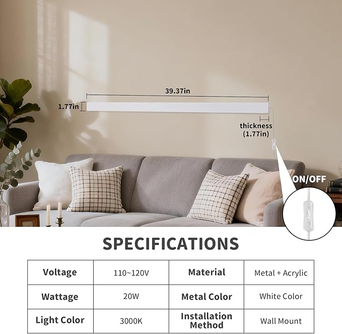 KELUOLY Modern Plug in Long Wall Sconce, 39.3" White Matte LED Wall Lights - Image 3