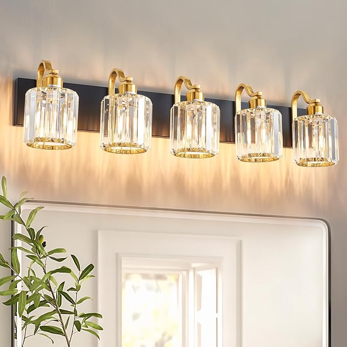 Black Gold Crystal Vanity Light Over Mirror 5 Lights Bathroom Wall Lighting by AIXIALIN