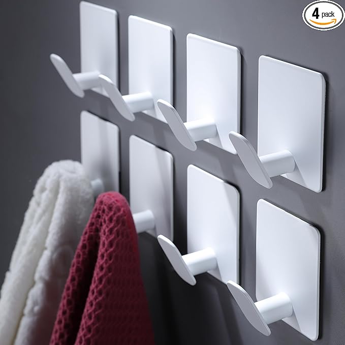 DELITON Adhesive Hooks for Hanging, 8 Pack White Wall/Towel Hooks for Bedroom by DELITON