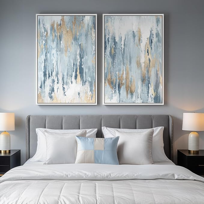 Large White Framed Blue and Gold Abstract Canvas Wall Art - Image 4