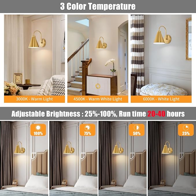 Powfloven Vintage Rechargeable Wall Sconces Set of 2, Wireless Gooseneck Indoor - Image 3