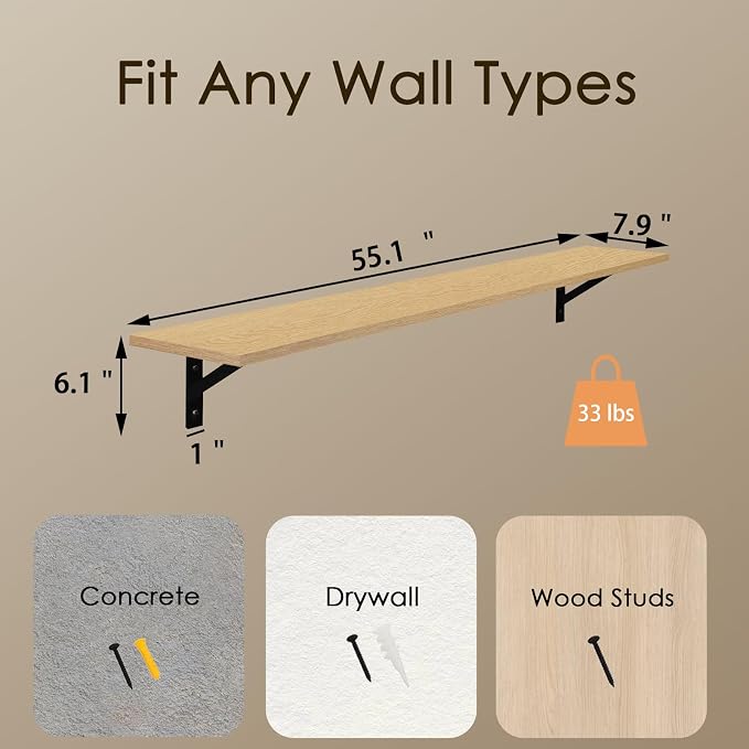 DINZI LVJ Long Wall Shelves, 55.1Inch Wall Mounted Shelves Set of 2, Extra - Image 3