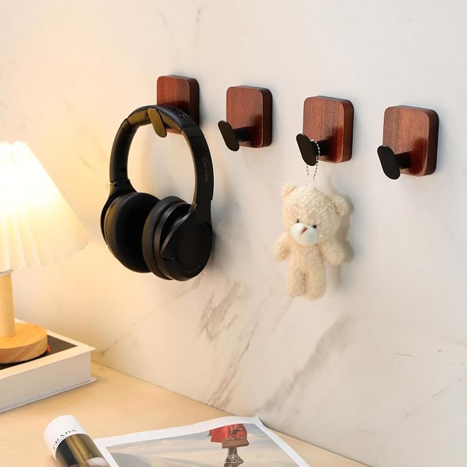 DELITON Acacia Wooden Towel Hooks Red Brown, 4 Pack Sticky Hooks - Image 3