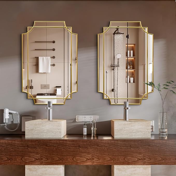 HQiJun Gold Mirror for Wall, 36x24 Gold Wood Framed, Scalloped Beveled Polished - Image 2