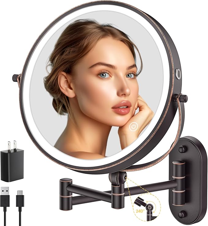 IMIKONA 9" Wall Mounted Lighted Makeup Mirror, 4000mAh Rechargeable Double by IMIKONA