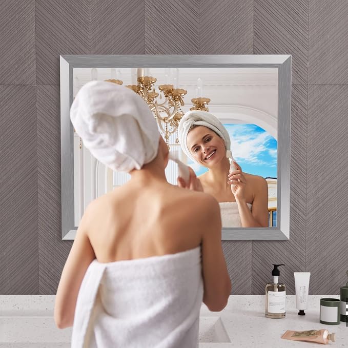 Amorho Bathroom Mirror Silver, 40x32 Inch Thick Metal Framed Wall Mirrors - Image 6