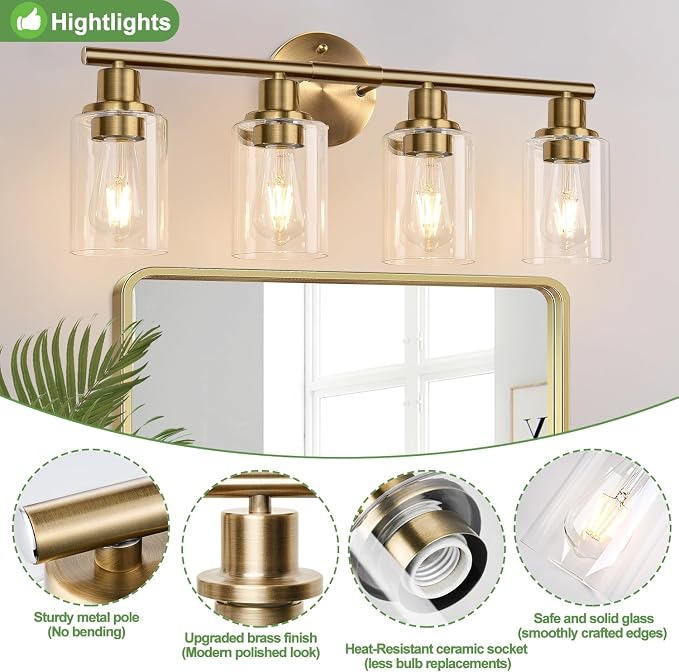 Zarbitta 4-Light Bathroom Light Fixtures, Brushed Brass Modern Vanity Lights - Image 4