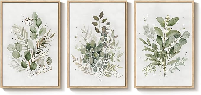 Framed Botanical Wall Art for Living Room, 3 Piece Neutral Sage Green - Image 9
