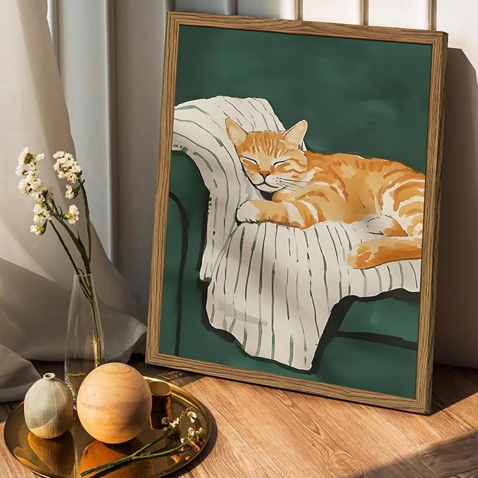 Funny Cat Wall Art Cute Cat Sleeping on Couch Wall Decor Painting Orange Pet - Image 4