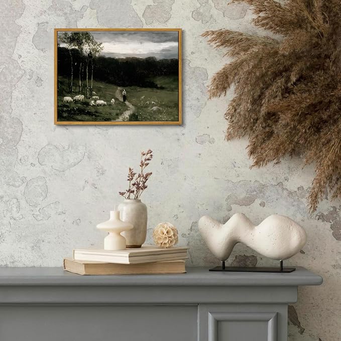 OIQArtOIQ Framed Vintage Landscape Wall Art Shepherd Natural Scenery Oil - Image 4