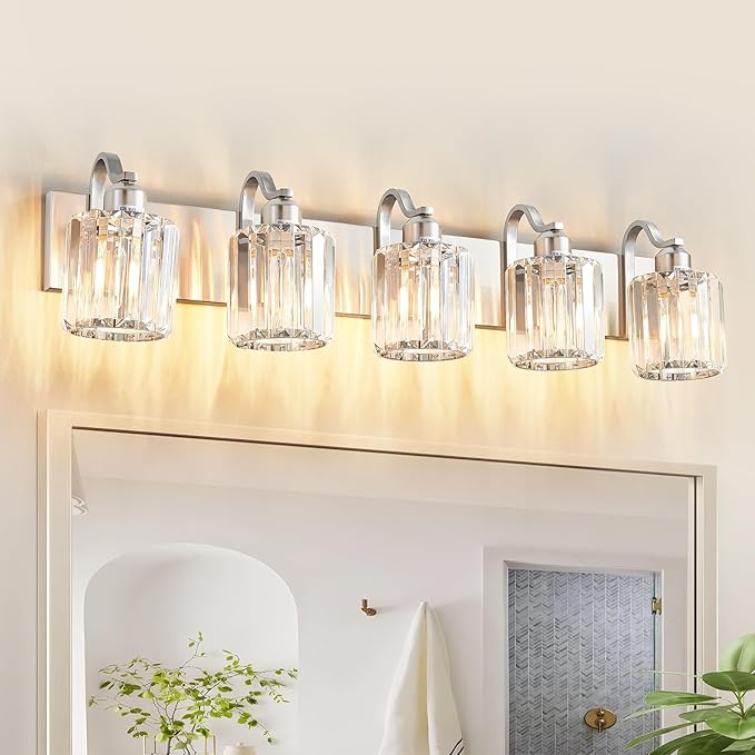 Modern Crystal Bathroom Vanity Light 5 Light Brushed Nickel Vanity Lighting by AIXIALIN