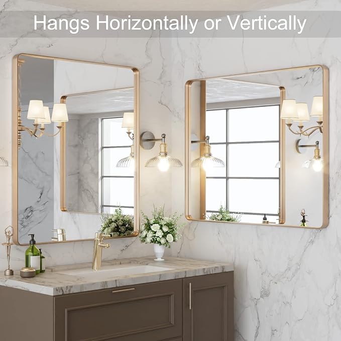 LOAAO 30”X36” Gold Bathroom Mirror, Rounded Rectangle Gold Frame Mirror - Image 4